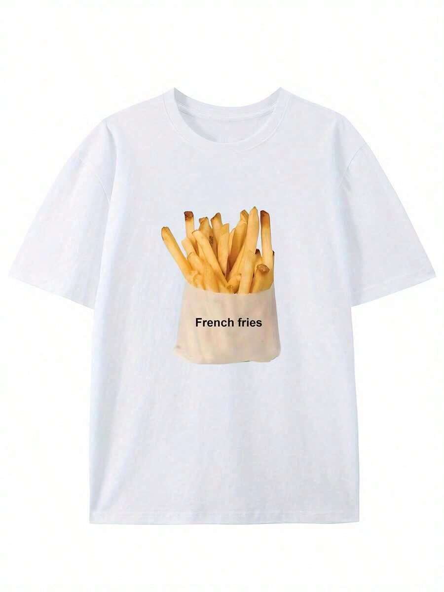 Premium Cotton T-Shirt With Vintage Style And Creative French Fry Print - Casual Crew Neck, Short Sleeve For Summer - 白色 - 查看 1