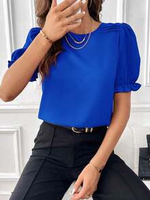 Blusa con mangas abullonadas, blusas de manga corta - azul real - Ver 1