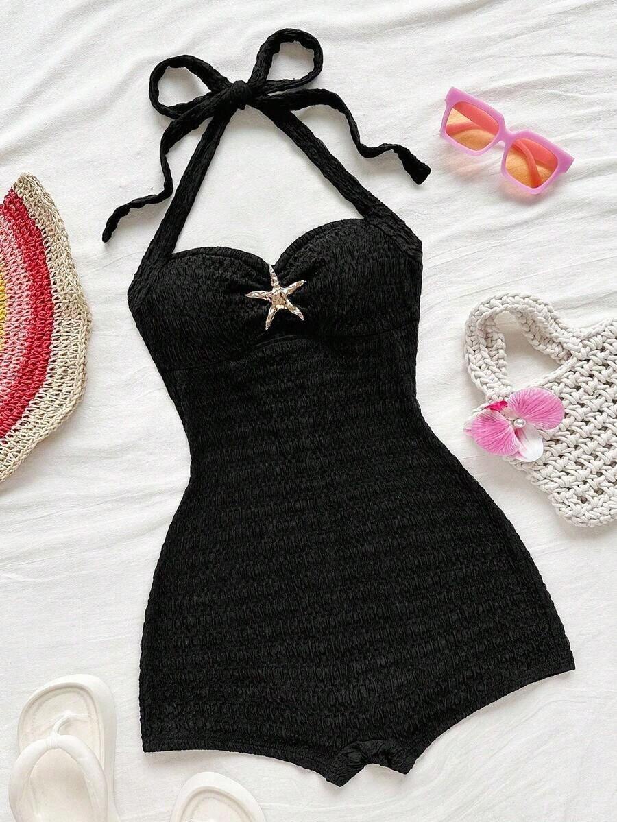 Mono de textura de unicolor con lazo de atar en el cuello para vacaciones, para fiesta en la playa - Negro - Ver 1