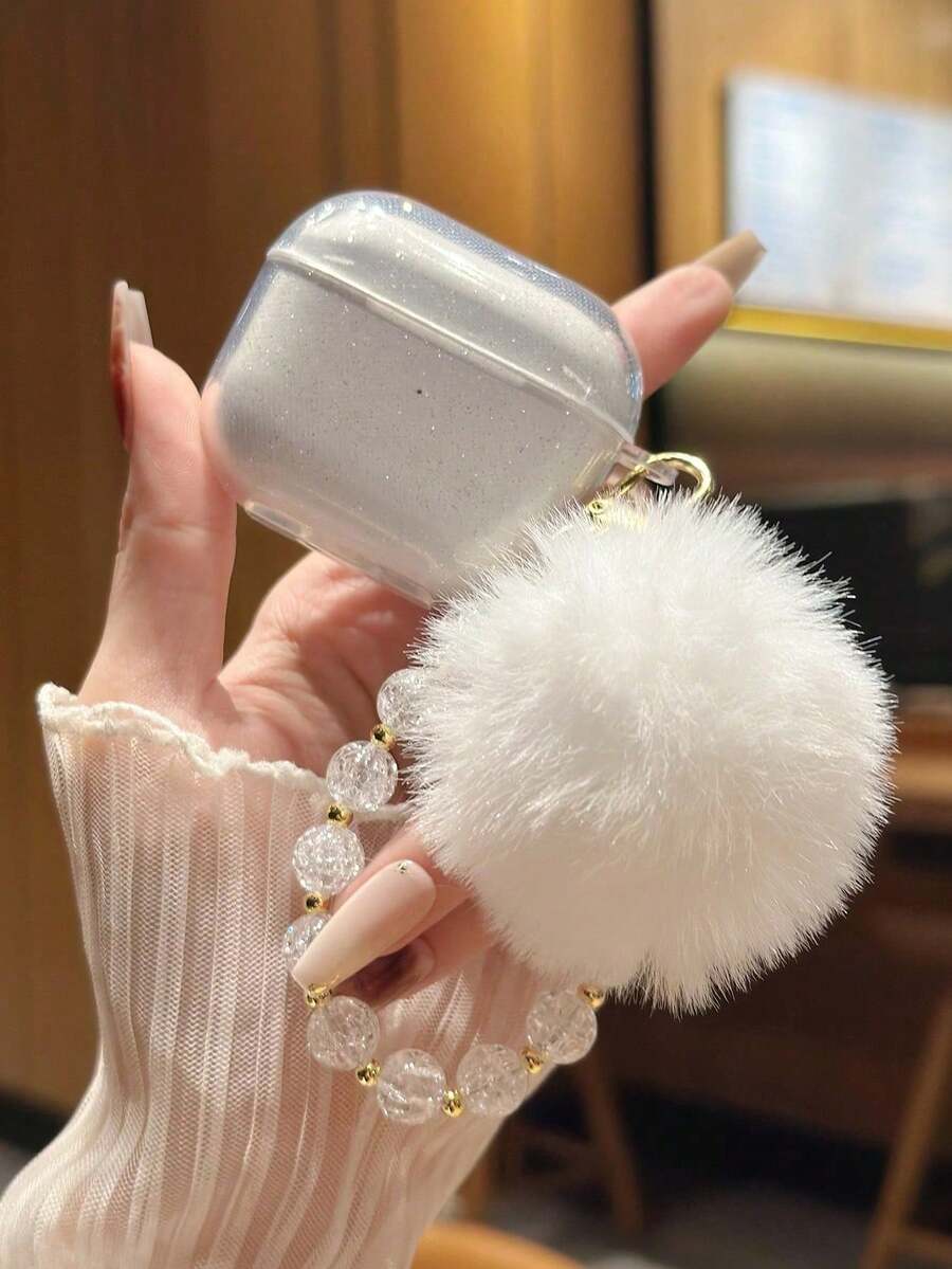 Sequins,Diamond Transparent Glitter Earphone Case With White Furball Keychain - Multicolor - View 1