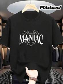 New Summer Collection MANIAC Men's Classic Letter Print T-Shirt, Casual, Elegant, Short Sleeve, Elastic, Crew Neck, Comfortable And Breathable. Loose, Casual And Versatile T-Shirt. - 黑色 - 查看 2