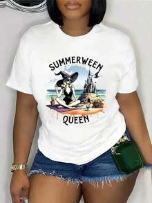 Women's "Summerween Queen" Graphic T-Shirt - Casual Short-Sleeve Crew Neck Tee With A Vibrant Halloween Design, Black, Perfect For Spring And Summer, Halloween Costume Parties, And Casual Summer Wear. | Fun Graphic Print | Women's Shiny Fabric T-Shirt - Plus Size, Front Print, Short Sleeve, Crew Neck, Casual Style For Everyday Wear - 白色 - 查看 7