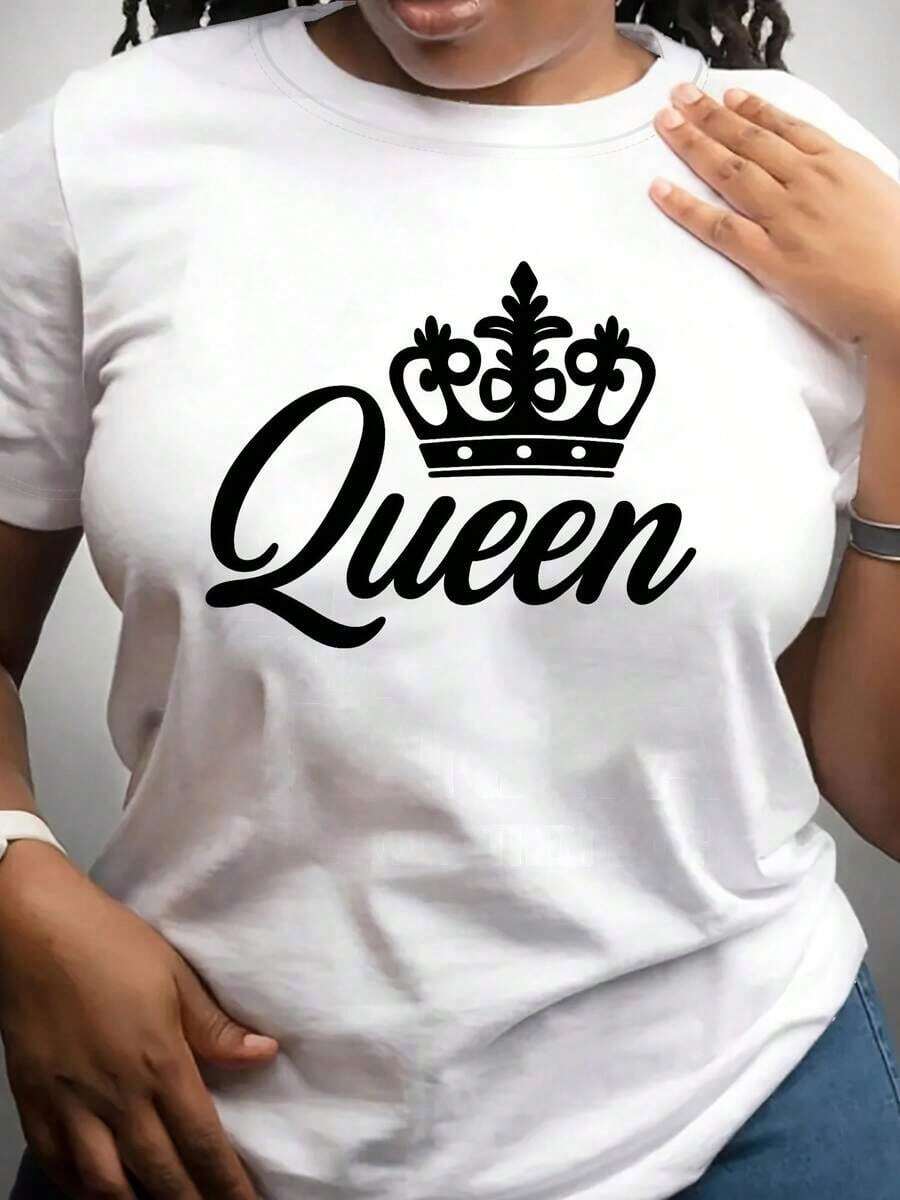 Women's Graphic T-Shirt With "Queen" Crown Design - Casual Short Sleeve T-Shirt With "Queen" And Crown Design, Spring/Summer Fashion, Versatile Top | Crown Print Top | Short Sleeve Shirt - 白色 - 查看 1