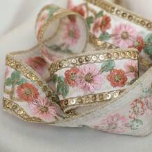 1/5碼優雅花卉刺繡亮片蕾絲飾邊，金邊透明縫製緞帶，適用於婚紗、包袋、手工藝品、窗簾、齋月服飾、禮物包裝 - 多色B - 查看 3