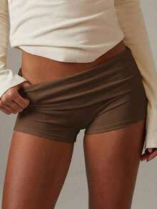 cortos de mujer Vaiaye de unicolor, ajuste delgado, cintura baja, mini shorts, estilo minimalista, adecuados para verano, playa bohemia, fiesta y uso diario - Marrón - Ver 9