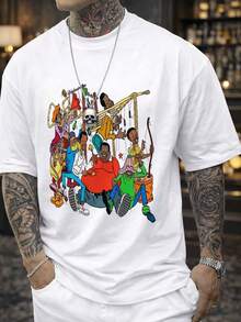 Camiseta moderna e informal para hombre con personajes de dibujos animados tocando instrumentos musicales, camiseta para uso diario. |   Diseño divertido, camiseta casual negra de cuello redondo para hombre, nuevas camisetas 2026, camisas para niños, ropa para niñas, conjuntos de estilo TV girl, conjuntos a juego para madre e hija. - Blanco - Ver 7