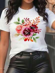 New Arrivals For Summer. Women's T-Shirt With A Floral Rose Bouquet Print, Round Neck, Casual Style For Everyday Wear, Soft And Comfortable Fabric, Vacation Style. Blouse, Shirt > Beautiful. - 黑色 - 查看 7