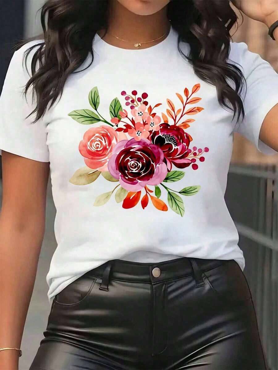 New Arrivals For Summer. Women's T-Shirt With A Floral Rose Bouquet Print, Round Neck, Casual Style For Everyday Wear, Soft And Comfortable Fabric, Vacation Style. Blouse, Shirt > Beautiful. - 白色 - 查看 1