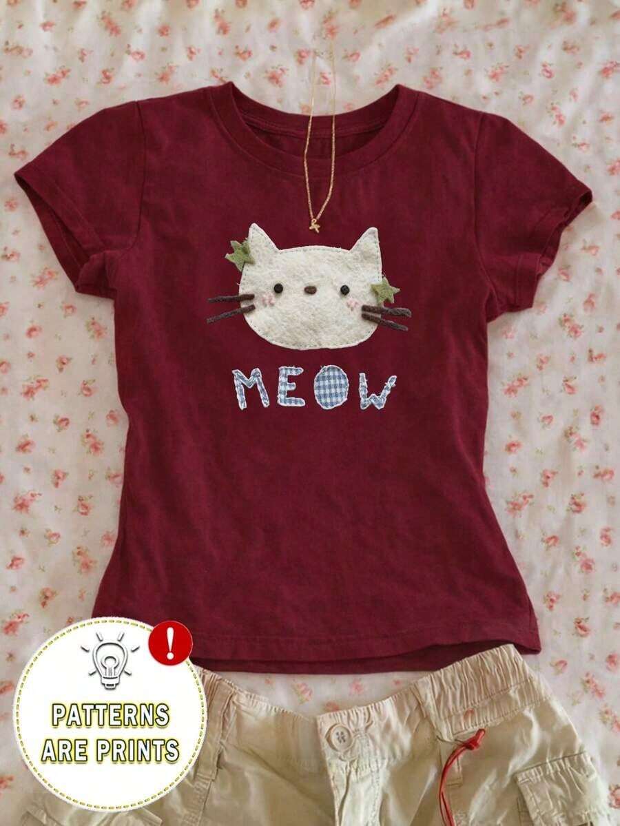 Blusa casual de mujer con bordado floral, camiseta de cuello redondo para el verano - Burdeos 2 - Ver 1