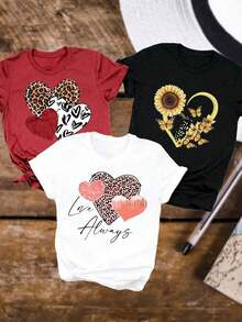 Camiseta de mujer 2026, camiseta para damas, camiseta colorida, camiseta divertida, negra, blanca, no es un conjunto de 3 piezas, camiseta estilo universitario, camiseta de manga corta para mujer, cuello redondo, corte holgado, casual, con estampado de leopardo y patrón de corazón rojo, adecuada para uso en casa. - Blanco - Ver 1