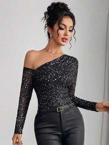 Body de manga larga con hombros transparentes y estampado de leopardo para mujer - Negro 2 - Ver 4