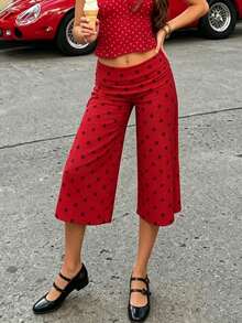Women Casual Fold Over Loose Fit Capri Pant Leg Cropped Flowy Cotton Gaucho Pants Comfy Casual Yoga Coluttes Pajama Bottom Soft Comfortable Cropped Trouser Lounge Sleepwear Bottoms - 酒紅色 - 查看 4