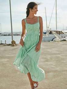 Vestido de tirantes informal de unicolor con bordado hueco para vacaciones de mujer - verde menta - Ver 5