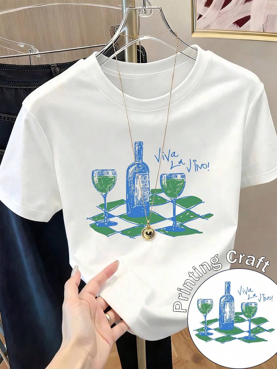 Camiseta de manga corta con estampado para mujer, ropa de primavera, atuendo para festividades, blanca para verano, look playero, estilo vacacional, estilo rural, atuendo de oficina para mujer. - Blanco - Ver 1