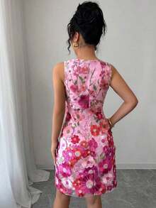 Vestido mini elegante de mujer con cuello redondo, sin mangas y con estampado floral ajustado - Rosa Fucsia - Ver 2