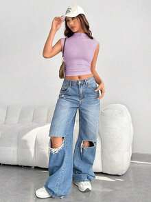 Top de verano de mujer tejido de unicolor con cuello alto para salir - Lila Púrpura - Ver 5
