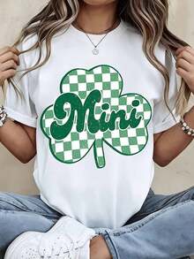 Camiseta de cuello redondo blanca con estampado mini de trébol a cuadros para el Día de San Patricio, ropa casual. - Blanco - Ver 3