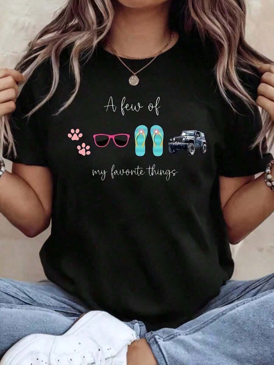 Fashion Printed T-Shirts For Women, Oversized Streetwear Tops, Comfortable And Stylish All-Match Summer Tees1 Oversized Printed T-Shirt JEEPS, For Outdoor Activities And Casual Wear, 180g Soft Cotton - 黑色 - 查看 1