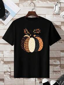 Autumn Patchwork Pumpkin Print T-Shirt - Short Sleeve Casual Round Neck Summer & Fall Layering Essential, Warm Brown/Orange/Black/Beige/White/Gray/Blue/Red/Black & White Checkered Plaid Design, Machine Washable Comfortable Casual Attire For Thanksgiving & Halloween Outfits, Geometric Pattern Relaxed Fit Adult Fashion Tee With Seasonal Pumpkin Motif - 黑色 - 查看 8