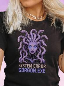 Cyberpunk Medusa T-Shirt, Gorgon Robotic T-Shirt System Error - 黑色 - 查看 1