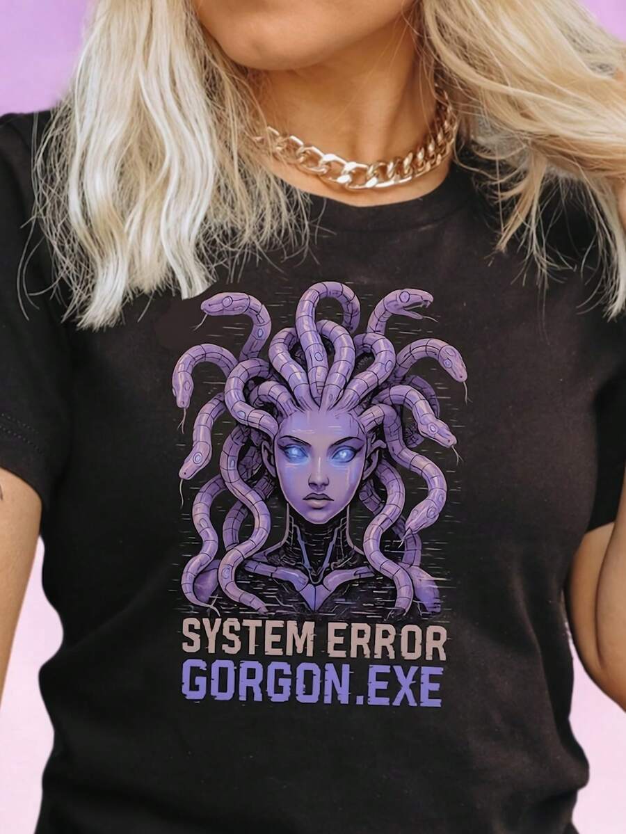 Cyberpunk Medusa T-Shirt, Gorgon Robotic T-Shirt System Error - 黑色 - 查看 1
