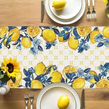 1pc Summer Lemon Bird Tablecloth, Blue Floral Coarse Linen Tablecloth, Geometric Pattern Seasonal Coffee Table Center Decor For Home, Kitchen, Dining Room, Party, Indoor & Outdoor - Blue - View 3