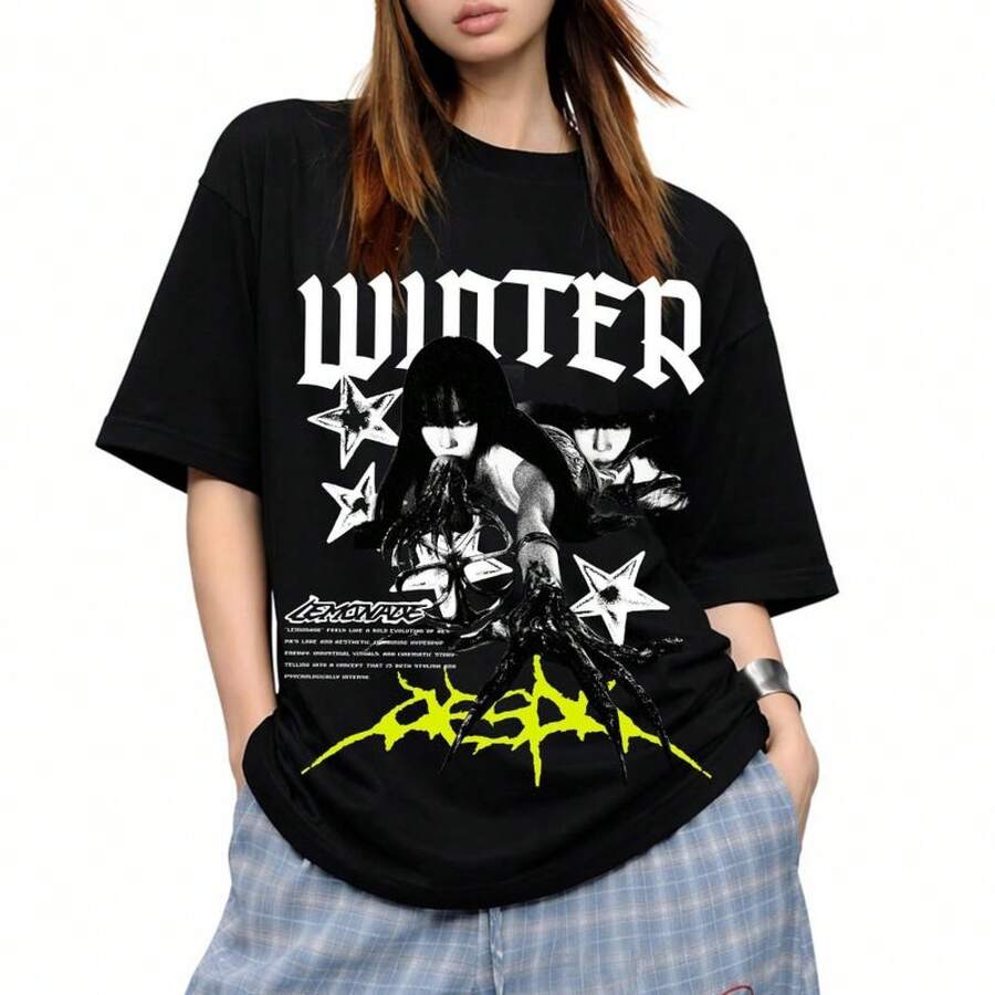 Camiseta Vintage Aespa Winter Lemonade camisas de mujer sudaderas para mujer sueter blusa casual mujer verano vestidos de graduación - Negro - Ver 1