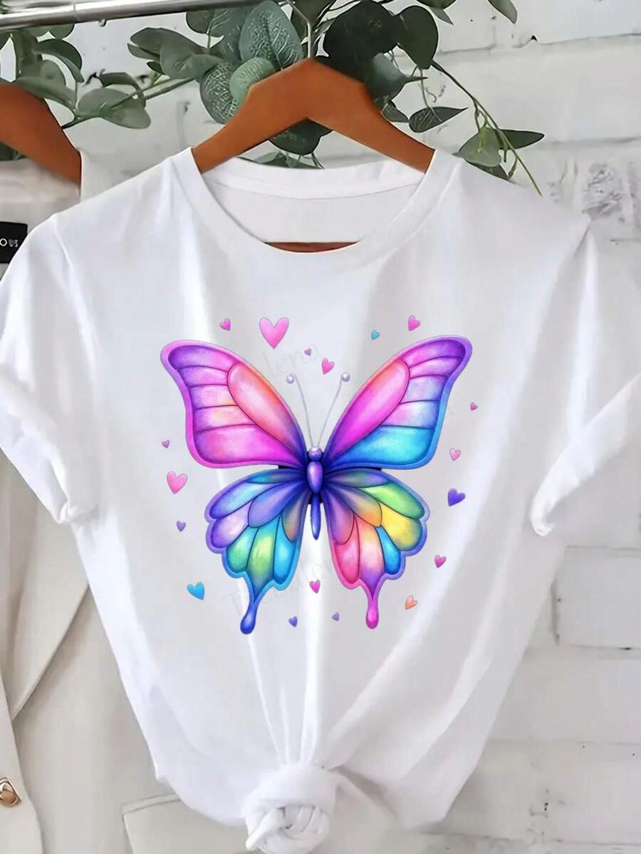 T-Shirt With Vibrant Butterfly Print, Gradient Wing Design, And Hearts | Reflects Youth And Energy - 白色 - 查看 1