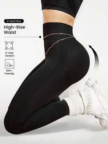 sin costuras de cintura alta de unicolor para uso diario, fitness y yoga para mujeres - Negro - Ver 8