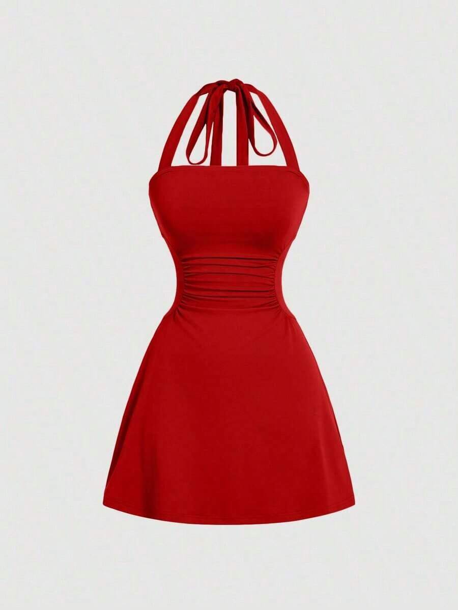 Vestido de línea A sencillo de unicolor para mujer con cintura fruncida y diseño de halter en forma de V - Rojo - Ver 1