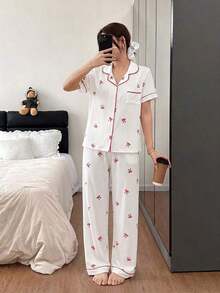 Conjunto de pijama para mujer con estampado de lazo a rayas en rosa, de manga corta y cuello solapa - Blanco - Ver 6