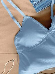 Camisilla sin mangas casual de verano para mujer con parches de encaje en unicolor - Azul - Ver 6