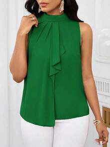 Lady Blusa sin mangas con estampado floral elegante y volante en el bajo, para verano - Verde - Ver 3