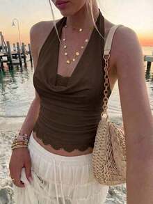 Nuevo Camisol de Mujer con Cuello Halter, Espalda Descubierta y Tirantes con Lazo, Diseño de Encaje y Parches, Adecuado para Vacaciones y Playa - Café integral - Ver 3
