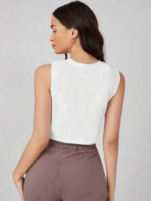 Top corto holgado de unicolor simple para mujer, versátil para el verano - Blanco - Ver 2