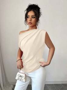 Blusa de unicolor con cuello asimétrico y plisado a la moda para mujeres - Albaricoque - Ver 4