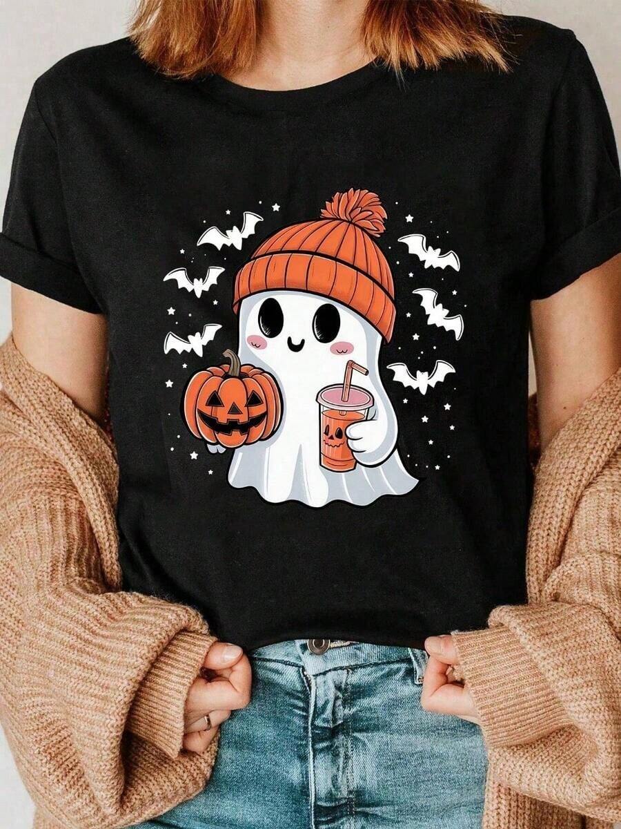 Halloween, Day Of The Dead Women's Plus Size Graphic T-Shirt - Pumpkin And Bat Print, Loose Fit With Short Sleeves And Crew Neck, Breathable Sweat-Wicking Fabric, Unisex Gift For Spring, Summer And Year-Round Wear - 黑色 - 查看 1