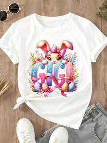 1 Piece Women's T-Shirt With Gigi Easter Bunny Print, For Spring, Easter Egg Hunt, Cute Rabbit Design, Fashion Casual Clothing, 180g, 100% Cotton - 白色 - 查看 4