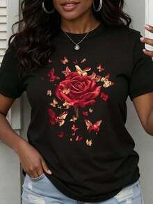 1 Piece Women's Round Neck T-Shirt With Rose And Butterfly Print, Soft, Comfortable And Breathable Fabric, Versatile And Practical Design For All Seasons, Elegant Fashion For Women, Soft Texture, Suitable For Casual Sportswear, Essential Garment For Holidays, 180g 100% Cotton. - 黑色 - 查看 12