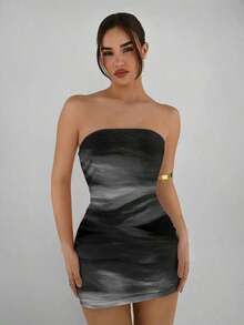 Vestido casual de verano elegante y sexy con estampado abstracto marrón y café, de corte ajustado tipo bandeau, apropiado para el verano, vacaciones y fiestas - Gris Oscuro - Ver 1