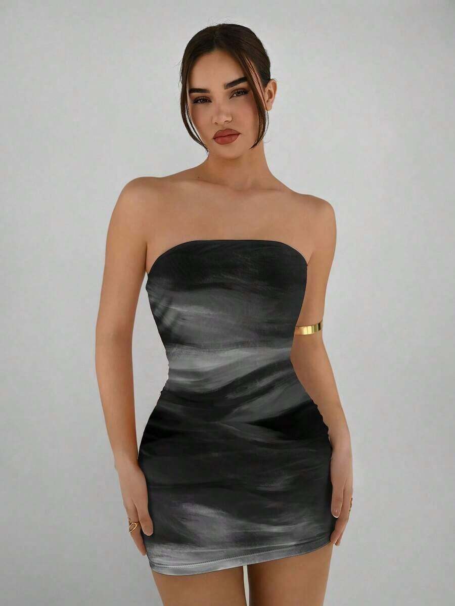 Vestido casual de verano elegante y sexy con estampado abstracto marrón y café, de corte ajustado tipo bandeau, apropiado para el verano, vacaciones y fiestas - Gris Oscuro - Ver 1