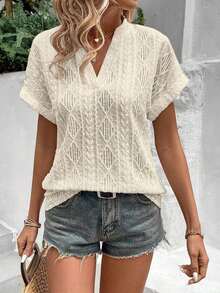 Camiseta suelta de mujer de manga de murciélago con escote en pico, de tela texturizada de unicolor, para verano y vacaciones - Albaricoque 2 - Ver 1