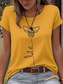 Camiseta de moda de manga corta con cuello redondo, estampado floral minimalista y casual, talla grande - Mostaza Amarilla - Ver 4