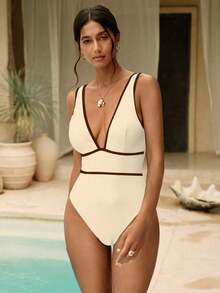 Traje de baño de una pieza con escote profundo en 'V' y espalda en 'U' de unicolor elegante y sexy para mujeres en primavera - Albaricoque - Ver 4