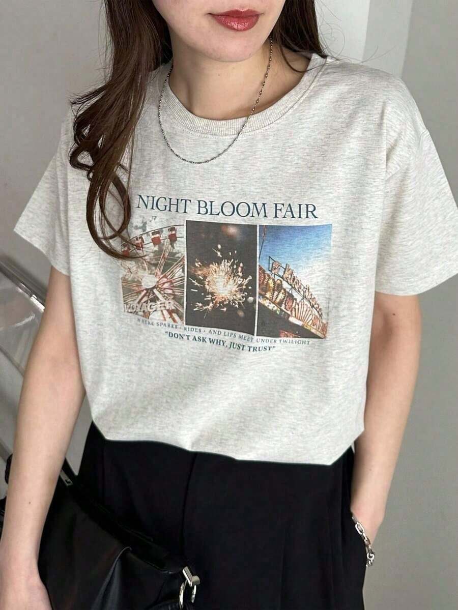 Women's Short-Sleeved T-Shirt, Light Gray, With Retro Amusement Park Fireworks Print, 100% Cotton, For Daily Wear, Breathable, Domestic Export, Women's Clothing, Summer Clothing, New Model, Solid Color Design, Regular Length, Made Of Pure Cotton Fabric, Comfortable To Wear, Machine Washable. - 淺灰色 - 查看 1