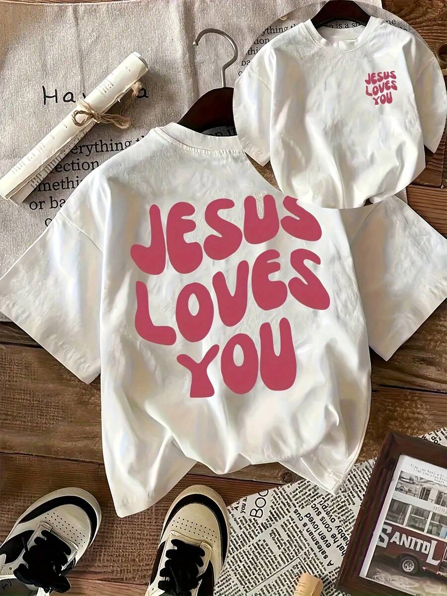 Camiseta de Talla Grande con Estampado de Letras, Manga Corta y Cuello Redondo, Ropa Casual de Verano y Primavera, Ropa Oversize para Mujer - Blanco - Ver 1