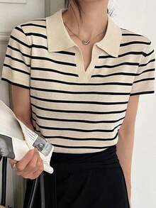 Suéter de mujer con cuello y mangas cortas a rayas para otoño - Albaricoque 2 - Ver 4