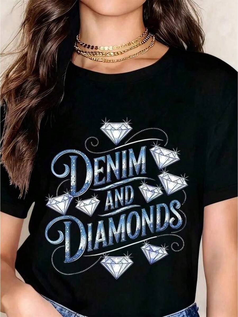 Plus Size Women's Denim And Sparkling Diamond Print T-Shirt, Casual And Fashionable Women's Short-Sleeved Cotton T-Shirt, Soft And Breathable, Perfect For Daily Wear, Outdoor Activities, Travel And Casual Style, Comfortable To Wear All Day. - 黑色 - 查看 1