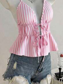 Top de tirantes con espalda cruzada y lazada frontal a rayas azules para vacaciones de verano para mujeres - Rosa - Ver 4