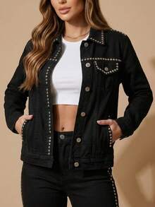 pthirillo Women's Black Denim Jacket, Maxi Oversized, Black Cotton Denim, Long Sleeve, Premium Style With Silver Studs, Casual, Loose Fit With Pockets, Cowboy Style, Sparkly And Rhinestone Embellishments. - 金屬釘 - 查看 10